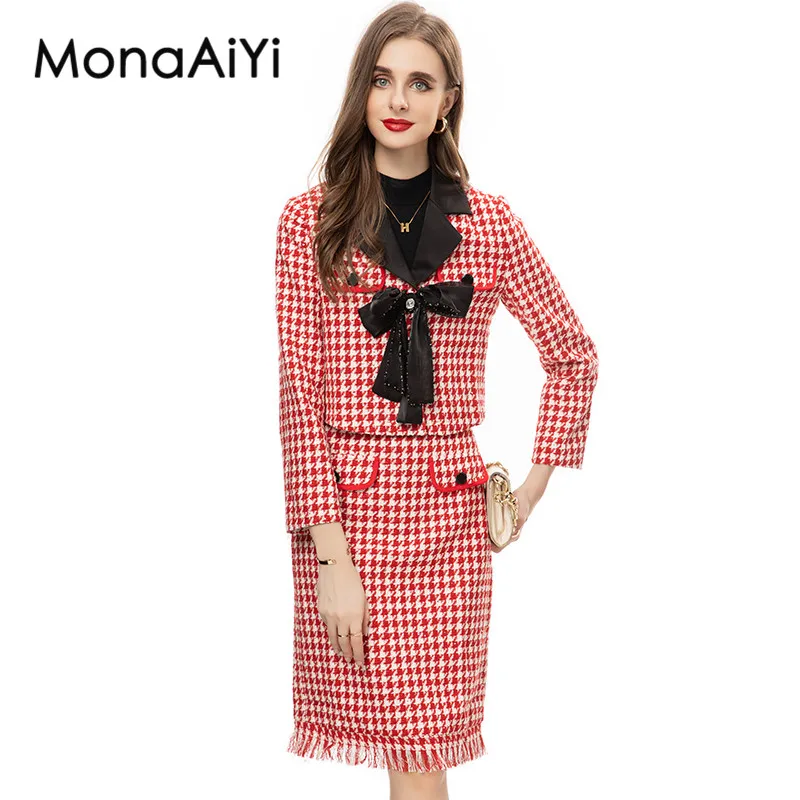 MonaAiYi Fashion Designer OFFICE LADY Set Women's Plaid Bow Blazer Coat+Casual Skirt Set 2pcs 2023 Newest