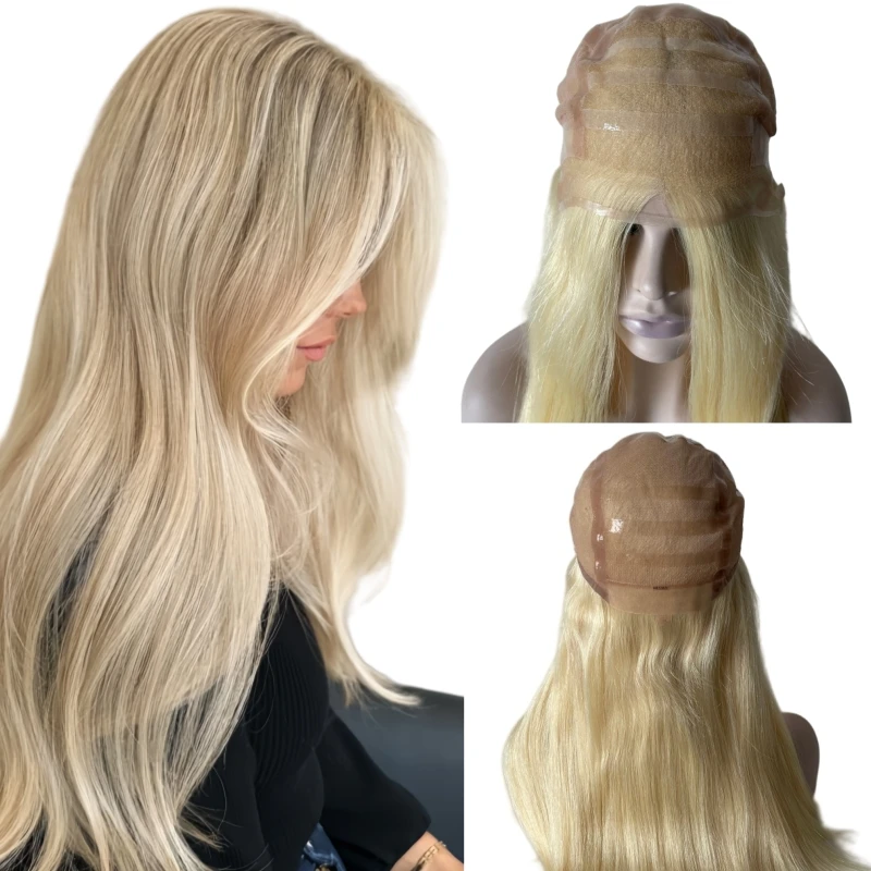 

18-дюймовые китайские девственные человеческие волосы светлого цвета # 613 150% Плотность 5x5 Шелковый верх Полный кружевной медицинский парик с силиконом для женщин