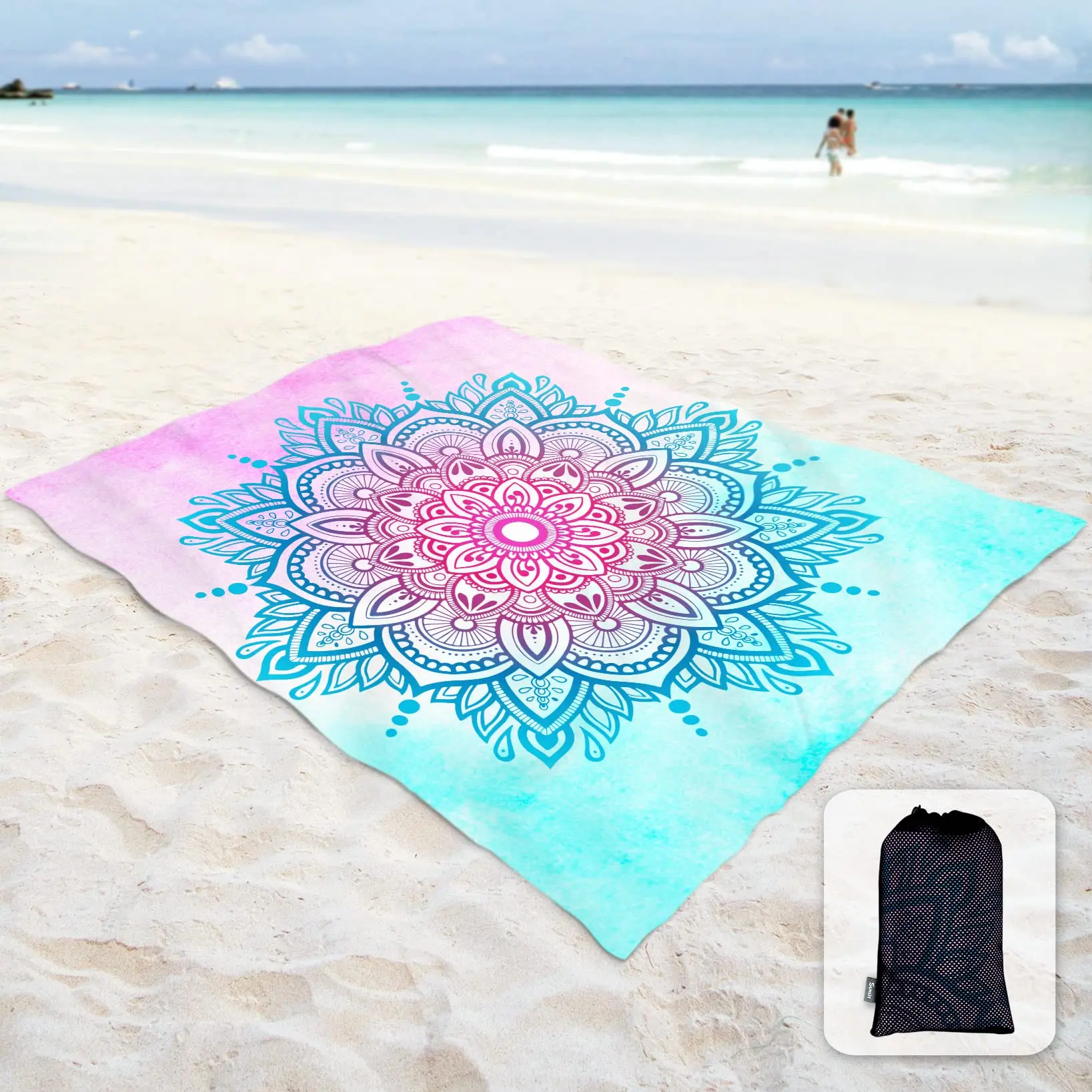 Sand Proof Beach Blanket with Corner Pockets and Mesh Bag for Beach Party,Travel,Camping,Watercolor Sky Blue Light Pink Mandala