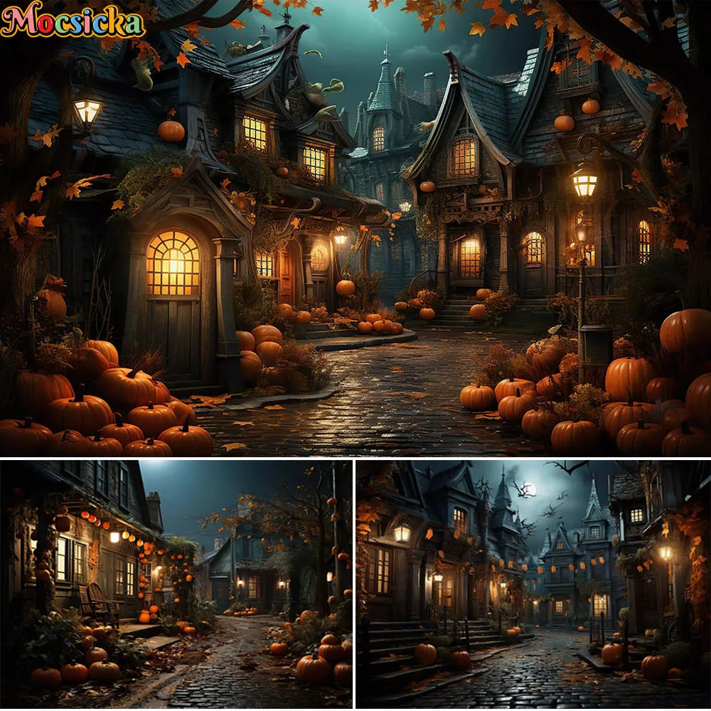 

Halloween Street Photography Backdrop Spooky Town In Autumn Night Castle Baby Kids Portrait Cake Smash Background Autumn Pumpkin