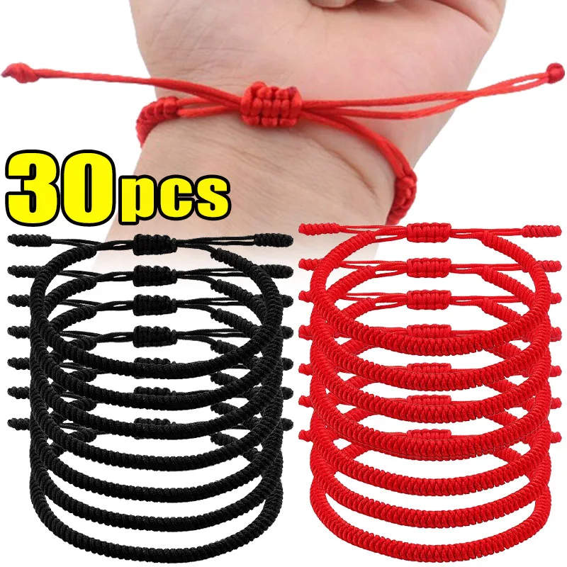 30/1 Uds. Pulseras budistas de hilo de la suerte rojo, brazaletes ajustables para mujeres y hombres, amuleto hecho a mano, pulsera de cuerda tejida, joyería encantadora