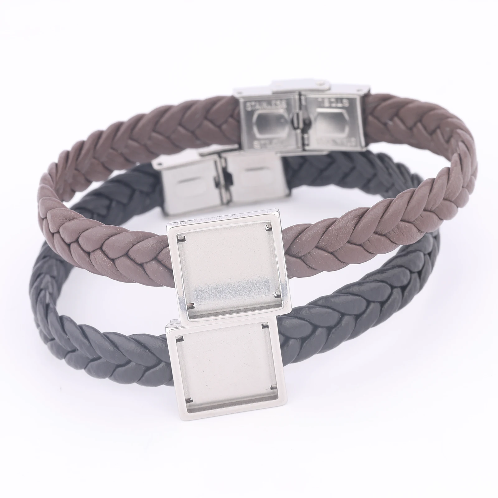 2 قطعة الفولاذ المقاوم للصدأ صالح 15 مللي متر مربع المنزلق كابوشون سوار قاعدة الفراغات Diy بها بنفسك الأسود براون الجلود الحبل أساور إعدادات الحافة