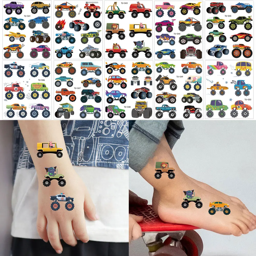 

10 Sheets/set Waterproof Temporary Tattoo Stickers for Children Cartoon Car Truck Stickers for Kids Cute Animal Fake Tattoo