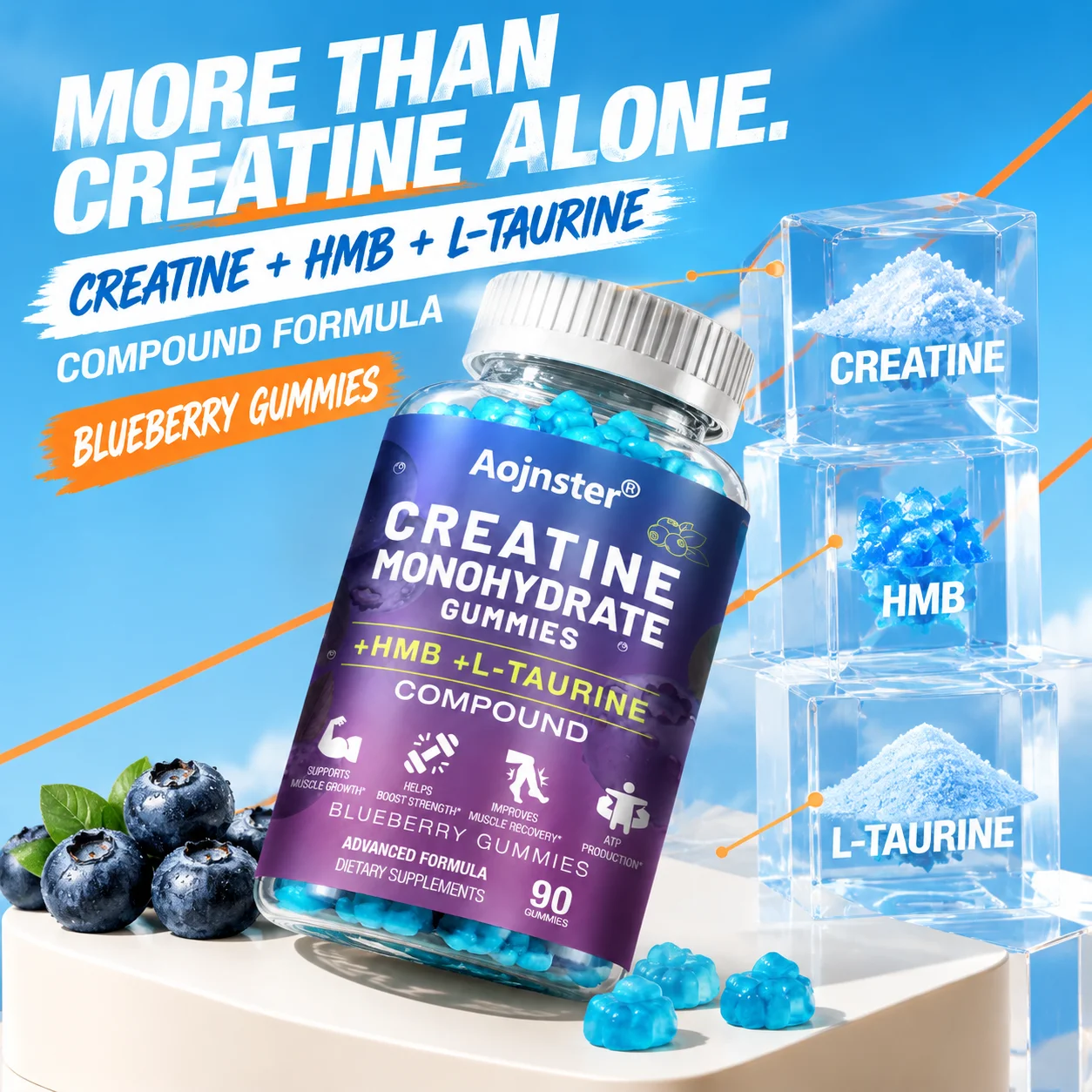Aojnster Blueberry Creatine Gummies 90 Count, HMB & L-Taurine Formula, Muscle Growth and Workout Recovery Support