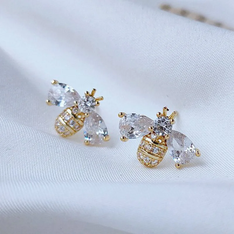 Cubic Zircon Bee Stud Earrings for Women Delicate Insect Flower Pearl Crystal Piercing Jewelry Wedding Gift Wholesale 2023 New