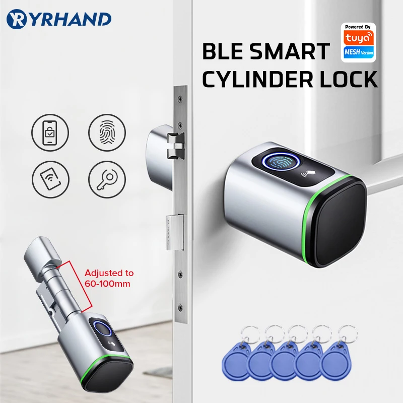 Tuya APP Fingerprint RFID Card Bluetooth Euro Cylinder Smart Door Lock  Keyless Electronic with Alexa Google Home Replacement