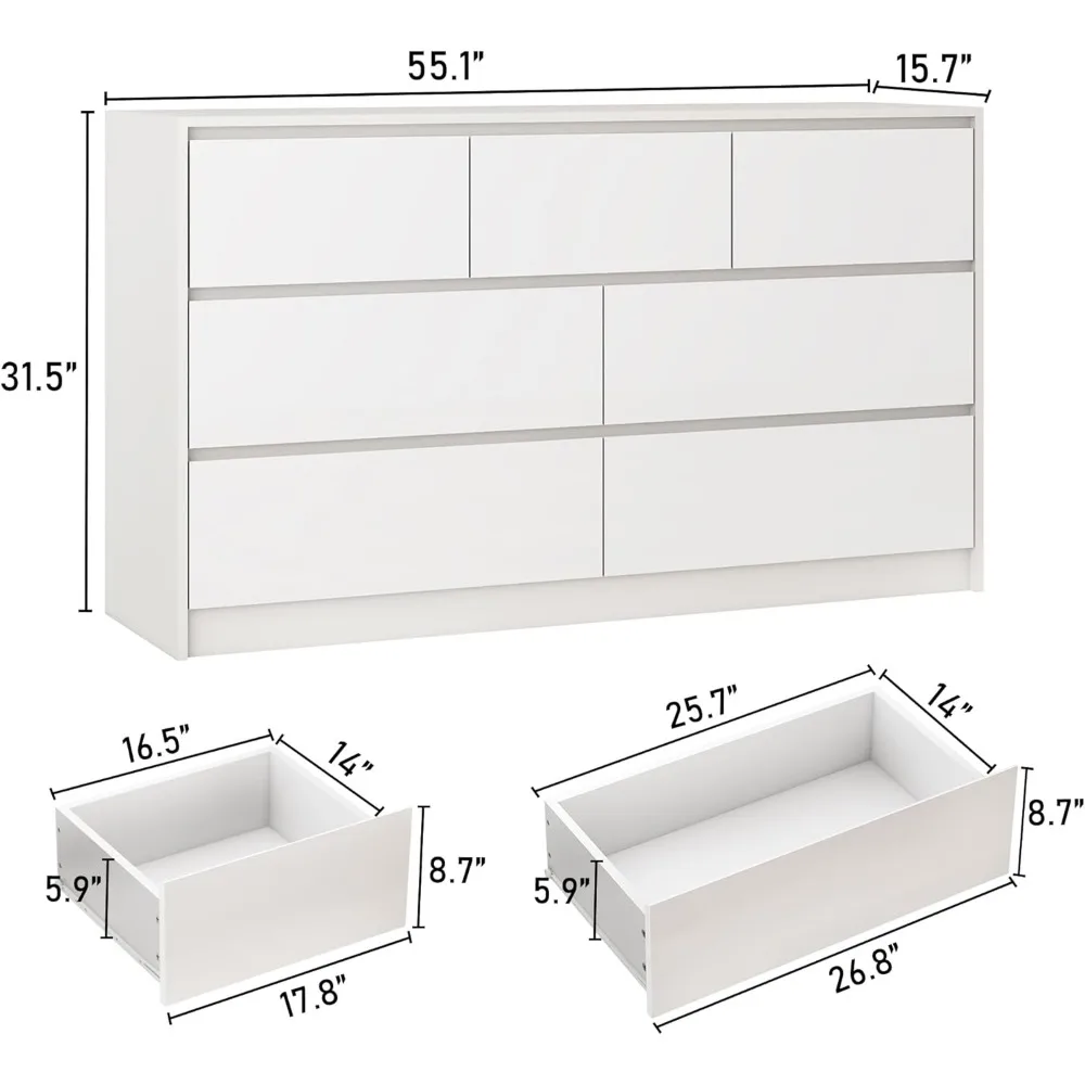 White Malm Dresser for Bedroom, 55 Inch Long Dresser High Gloss Dresser with 7 Drawers, Modern Large Wood Chest of Drawer