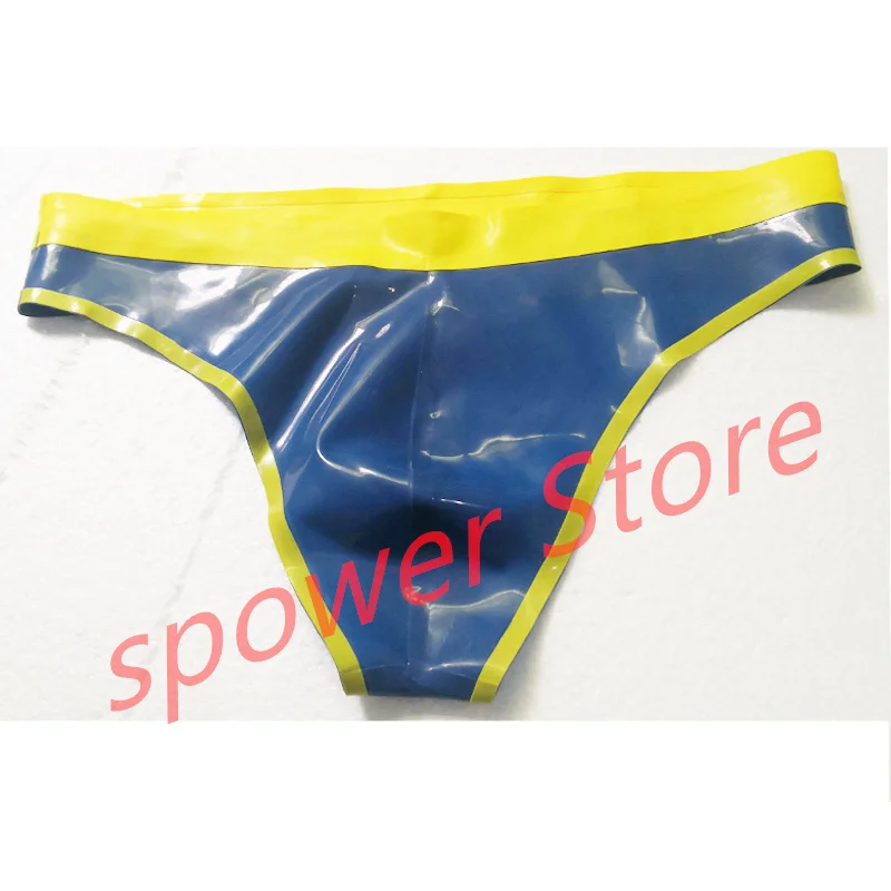 

Latex Briefs Sexy Fetish Rubber Shorts Thong Lingerie Blue with Yellow Underwear Handmade Cosplay Costume for Men