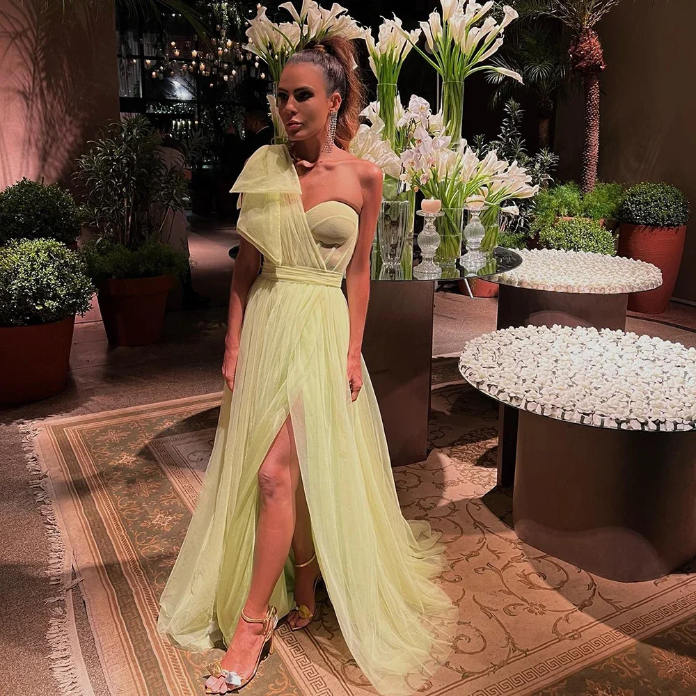 LIYYLHQ Sage Green Prom Dresses High Split Tulle A Line One Shoulder Evening Dress Backless Boning Open Back Ruched Tulle Party