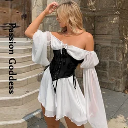 Summer Sweet Women 2 Piece Dress Sets Pink Chiffon Dress Off Shoulder Outfits Lace-up Corset Bustier Two Piece Party Dress Suits