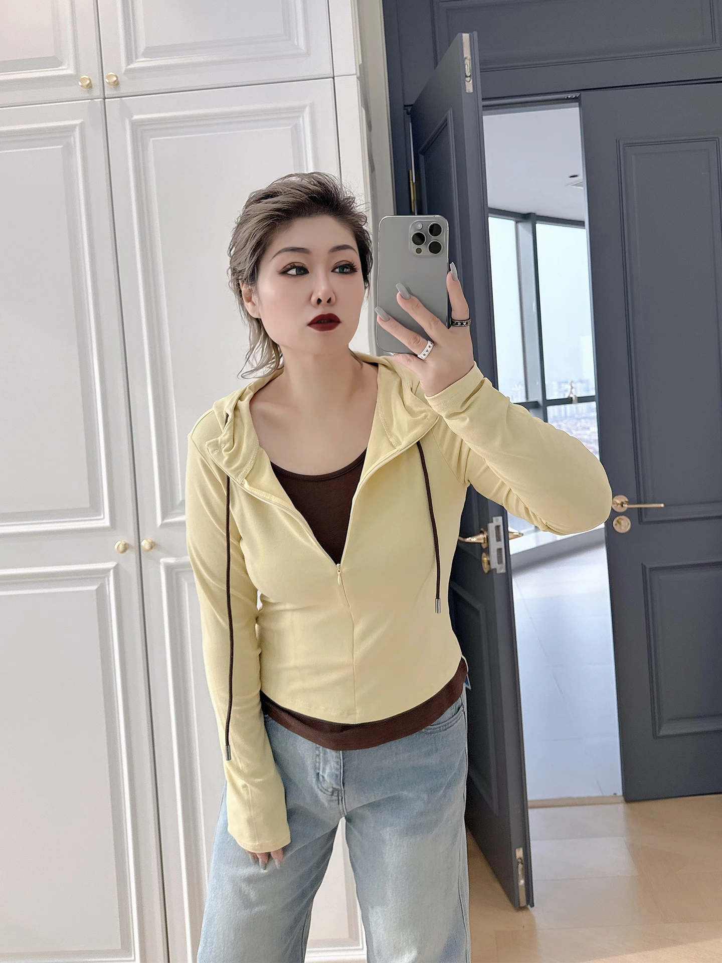 

Casual Sle Hooded plus Size Women's Faion Slimming Top Color Blo Fake Two-Piece Spring Autumn plus Size T-irt