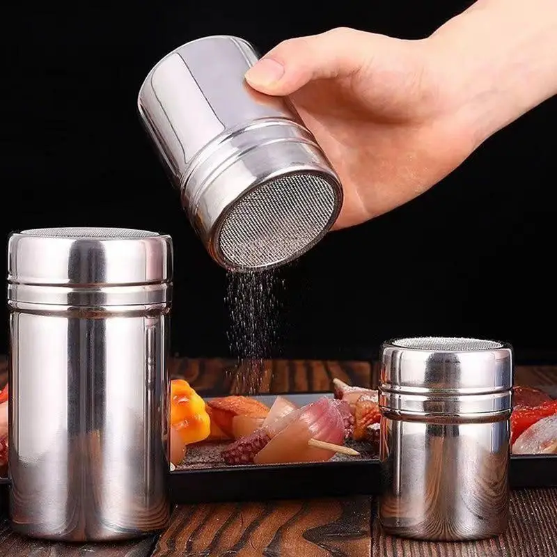 new Stainless Steel Sprinkle Powder Icing Sugar Cocoa Sugar Chocolate Flour Duster Shaker Tool Seasoning Bottle for Spices