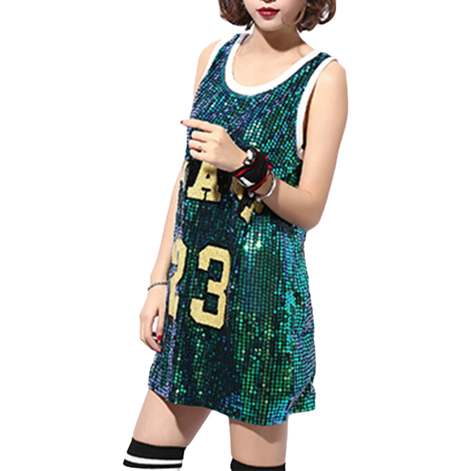 

Women Allover Sequin Oversized Vest Dress Number Pattern Sleeveless Tank Dress for Jazz Party Cheerleading Watching Match Outfit