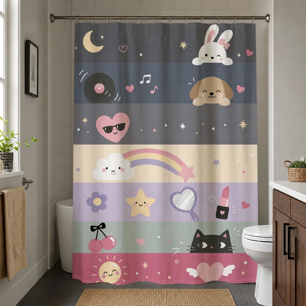 Cute Kawaii Cartoon Shower Curtain Nursery Bathroom Decor Rainbow Animals Stars Moon Fun Kids Shower Curtain