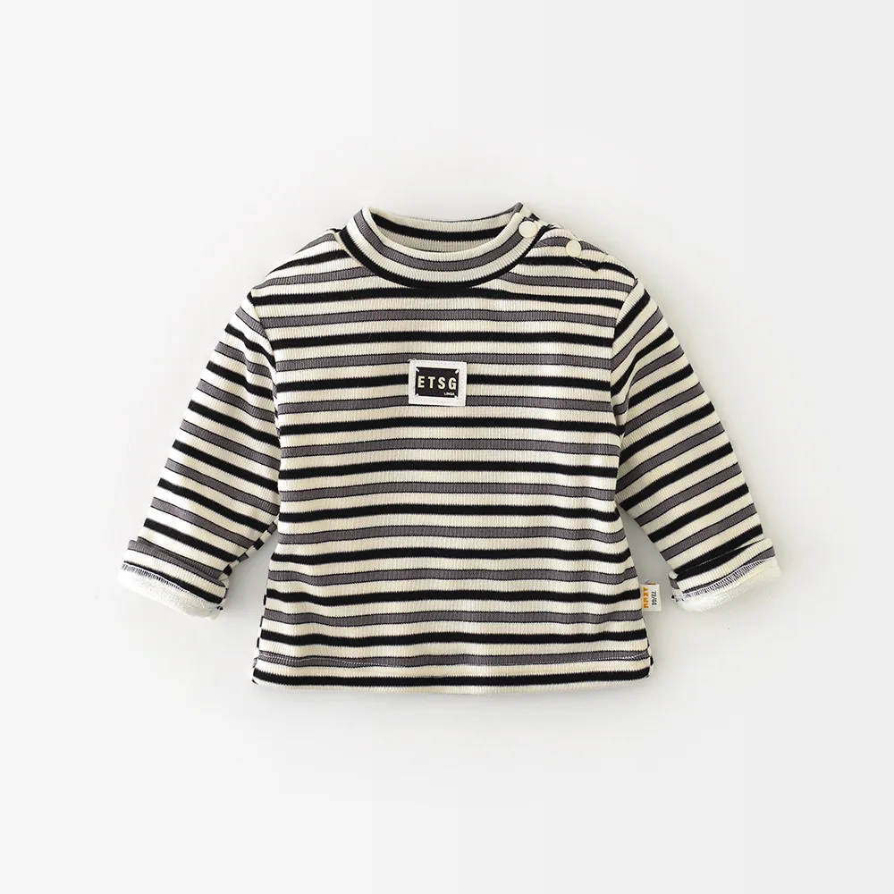 2025 شتاء جديد طفل طويل الأكمام الصوف المحملة الرضع بنين بنات عادية مخطط قاع القمصان زائد المخملية سميكة طفل الملابس #5