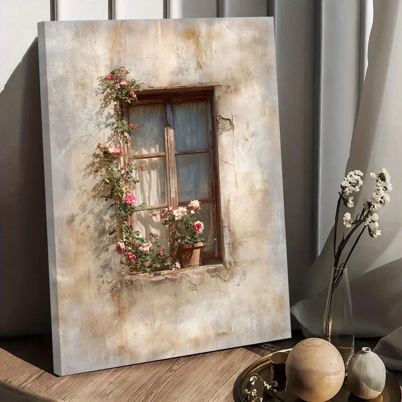 Vintage Wall Canvas Painting with a Wooden Frame,  Blooming Roses. This Framed Canvas And Poster Can Be Hung Directly,Home Decor