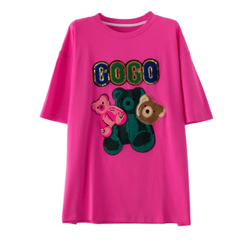 2022 New Women Kawaii Bear Printed T-shirt Oversize Letter Sequined Top Short Sleeve Bling Shiny Top Lady Green Tops for Woman