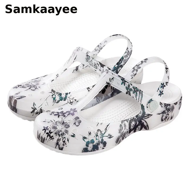 

36-39 Womens Sandals Summer Female Clogs Garden Shoes Chinese Style Slippers Platform Soft-soled Breathable Print Beach Zapatos