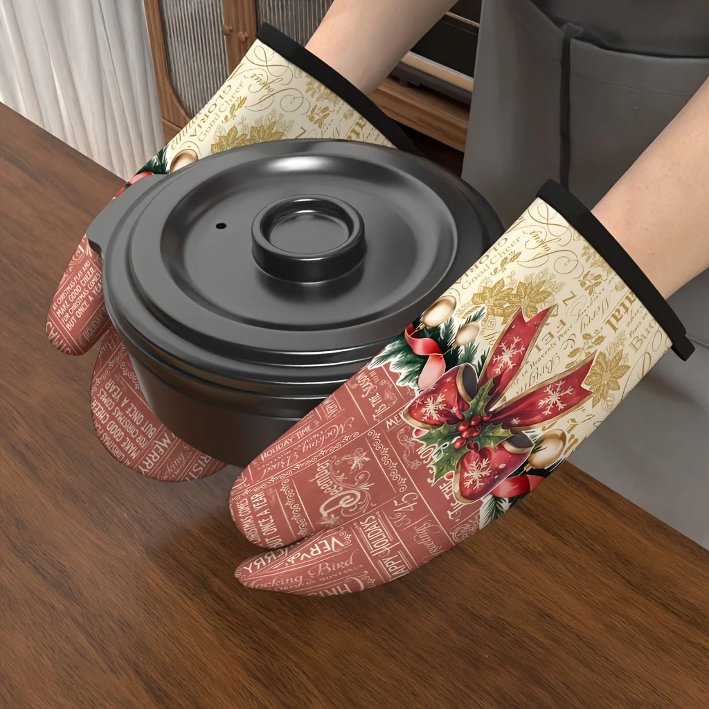 2 Oven Mitts with Vintage-style Floral Christmas Bows Heat-resistant Kitchen Gloves Baking Gift Mitts Kitchen Decor for Grilling