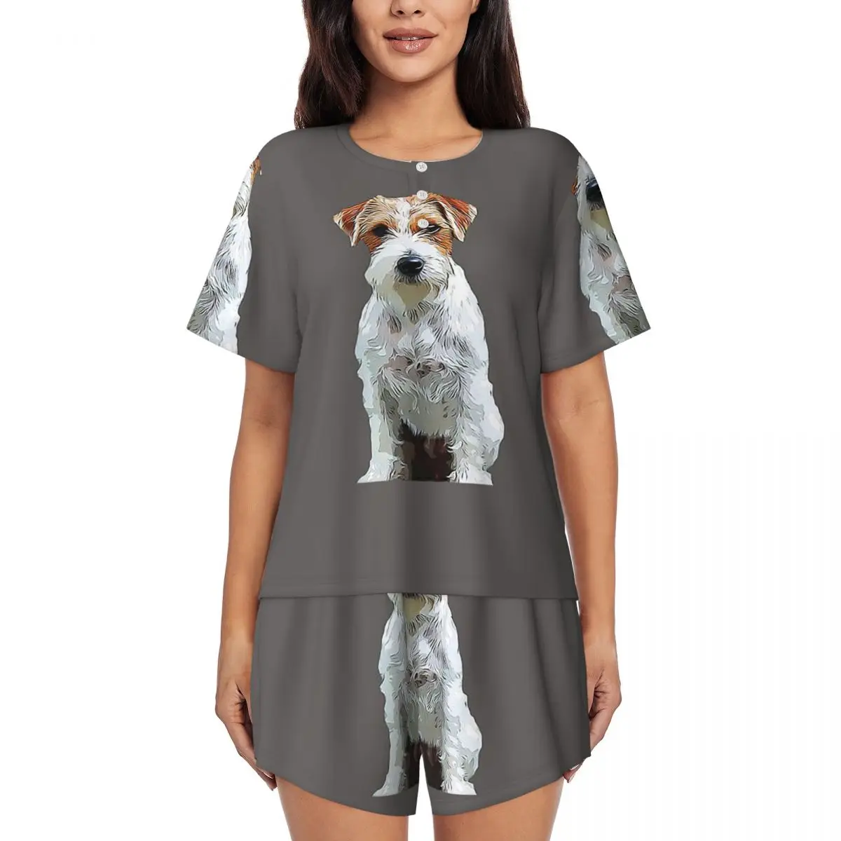

Dog Jack Russell Terrier Rough Coat Round Neck Short Sleeve Nightgowns for Sleepshirts Women Soft Pajama Set Short Pants