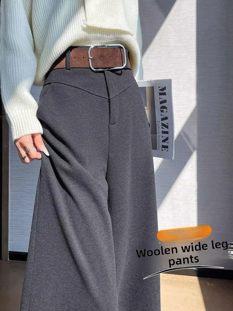 High-End-Wollanzughose Damen Retro-Hose mit Gürtel Herbst Winter Hose mit weitem Bein Dra Straight Freizeithose