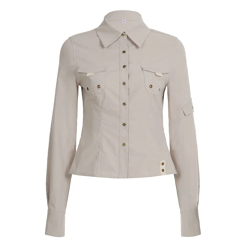 Outono novo produto bolso emenda fivela lapela camisa workwear estilo picante menina cintura cinched manga comprida cardigan feminino