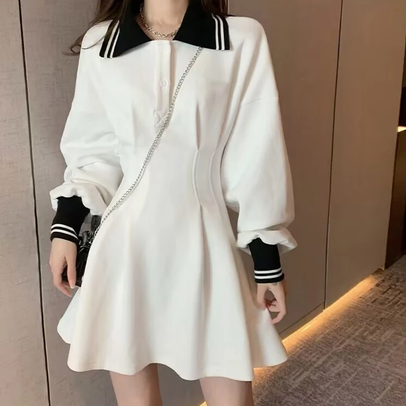 2024 Women Trendy Preppy Style Sweet Chic Polo Collar A Line Mini Dress Y2K Female High Waist Long Sleeve Slim Dresses Vestidos