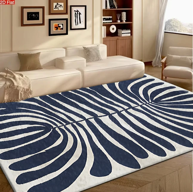 Navy Blue Abstract Palm Leaf Fan Pattern Carpet Flooring for Living Room Bedroom Modern Geometric Style Non Slip Durable Floor Mat