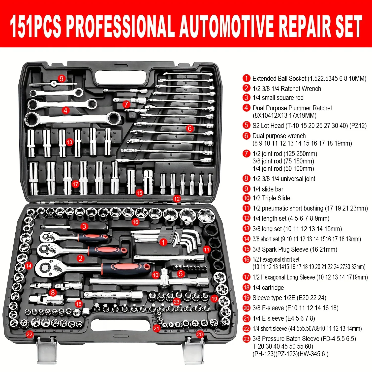 المهنية 151 قطعة ميكانيكا أداة مجموعة 1/4 بوصة 3/8 بوصة 1/2 بوصة محرك 24 الأسنان اسئلة مفتاح بانة العالمي متري CR-V السيارات OEM #5