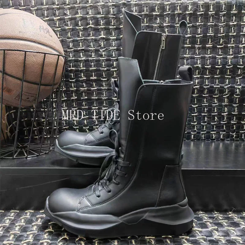 Men Boots Women Mid-Calf Genuine Leather Lace Up Motorcycle Shoes Platform Increase Vintage Luxury Original Black Sneakers RO