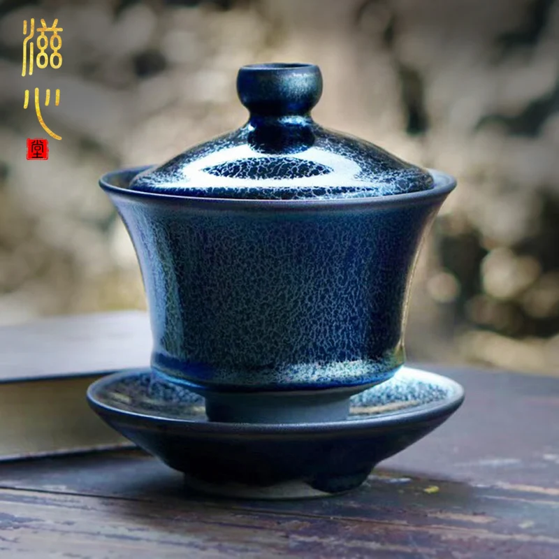 Zixin Hall Blue Qilin Built Cover Bowl Pure Handmade Dragon Scale Pattern Sancai Cup Raw Mineral Iron Body Kung Fu Tea