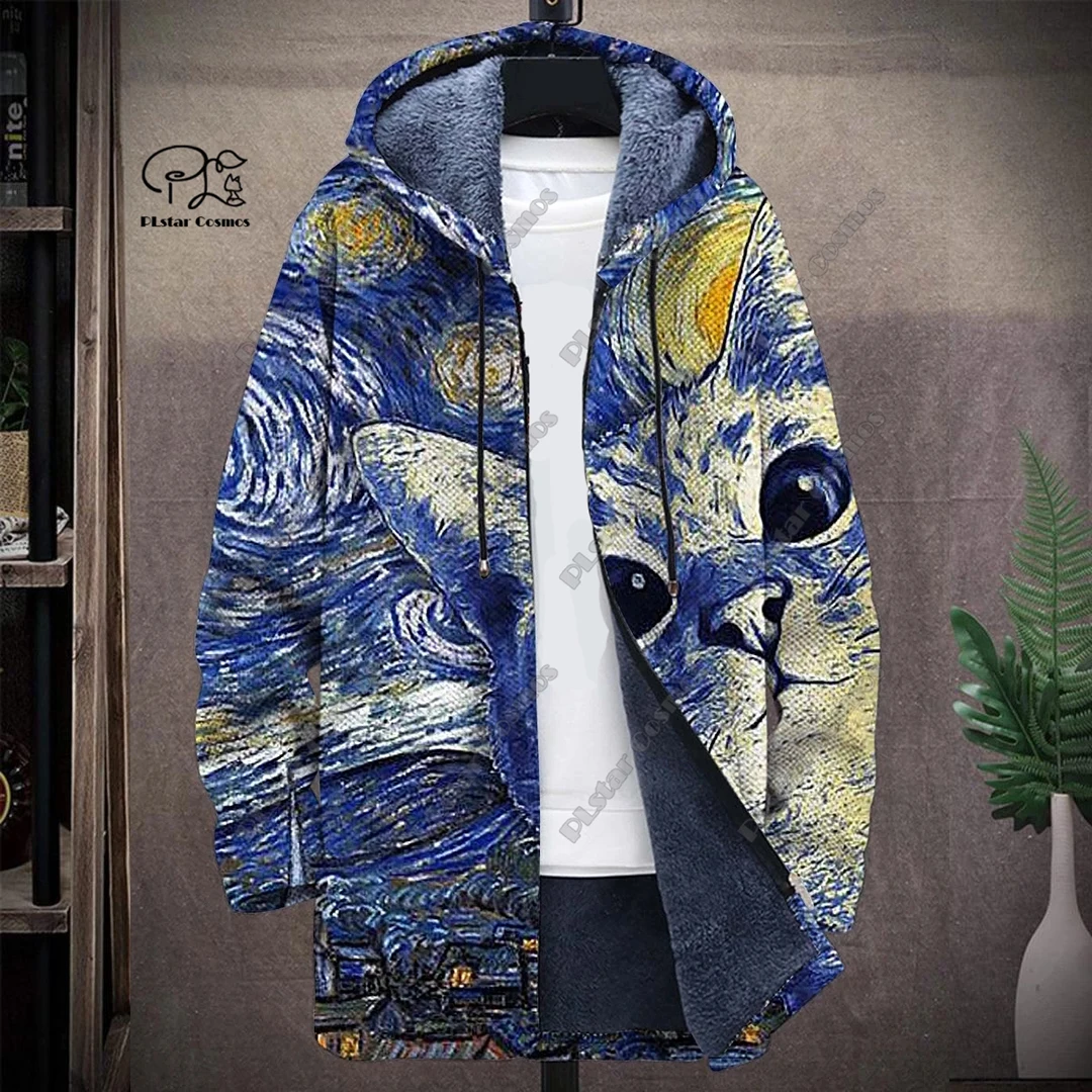 New 3D printing retro abstract art multi-color winter hooded zipper coat men's women's fleece universal casual warm jacket D-13