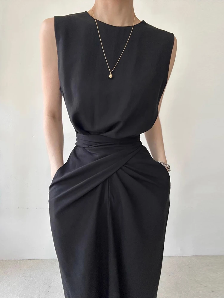 فستان صيفي أنيق بخصر مرتفع وياقة مستديرة مع تصميم حزام معقود، فستان نحيف على الطراز الكوري للنساء، تنورة طويلة