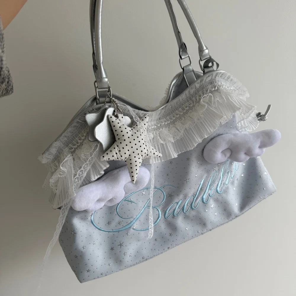 Cloud Decoration Canvas Bag, Detachable Star Pendant Handle, Daily Commuting Handbag