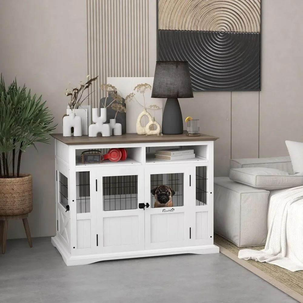 Dog Crate, Side End Table with Storage Modern Wooden Dog Kennel Furniture with Double Doors for Small and Medium Pet, Dog Crate