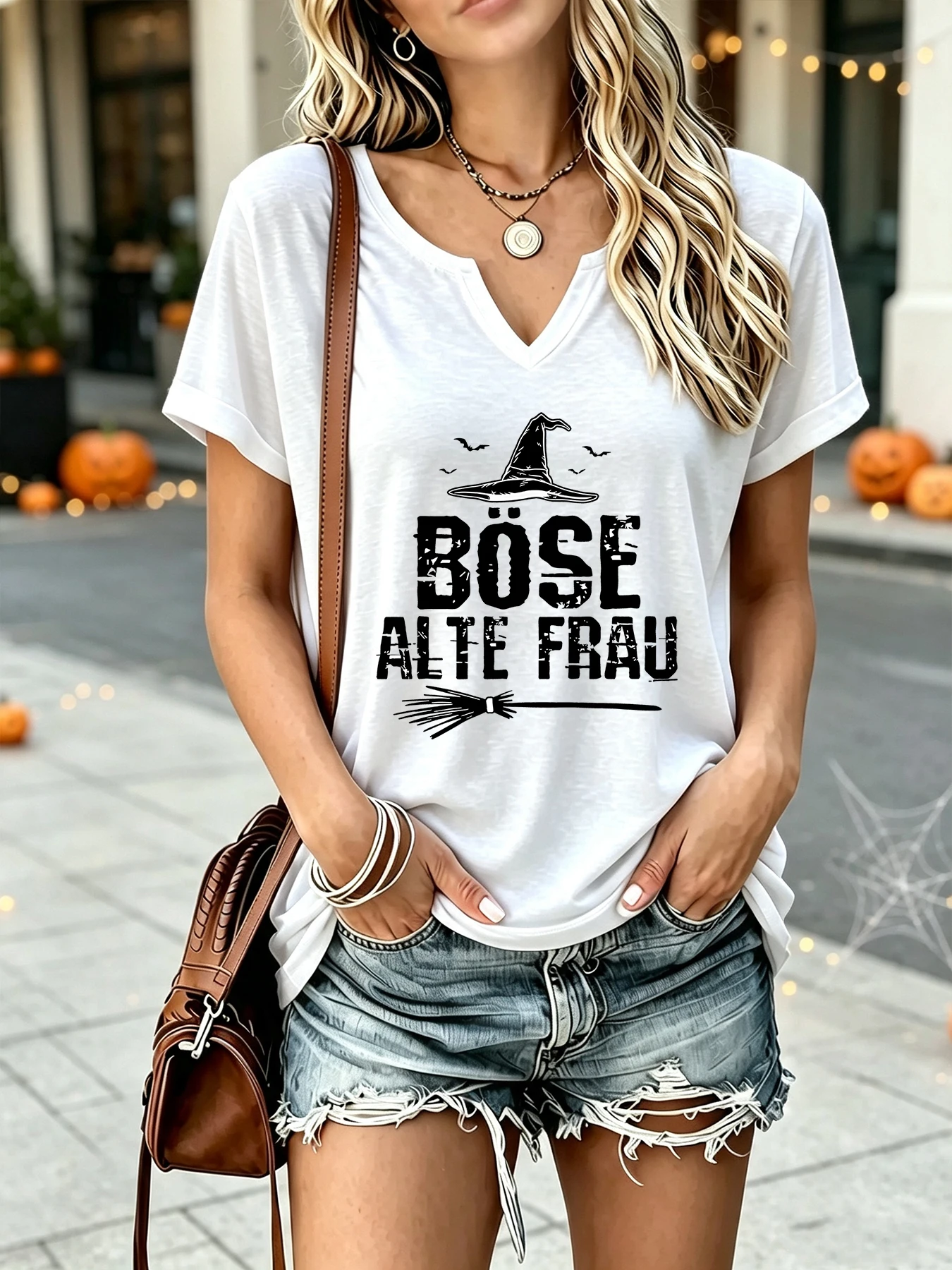 Halloween Witch Scarecrow German Lettered Print with Hole V-neck Sleeveless Short-Sleeved T-Shirt Women's Clothing