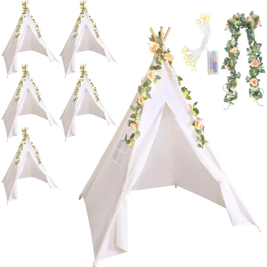 6 Sets Tipi Tent Indoor Katoen Linnen Tipi Speeltent met 6,6 ft Roze Fake Rose Vine Kunstmatige Garland 10 ft Werkt op batterijen
