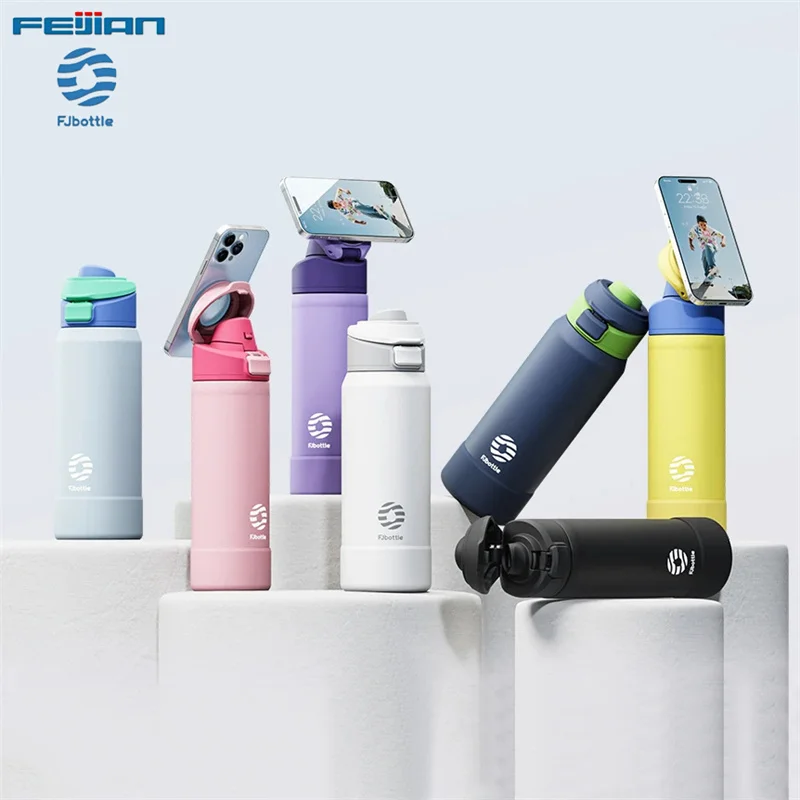 Fjbottle Thermosflasche, Edelstahl, Sportwasserflasche mit magnetischem Telefonhalter, Outdoor-Fitness, Trinkgeschirr, Isolierbecher