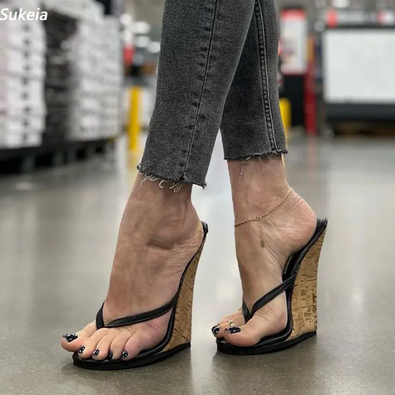 Sukeia handgefertigte Damen-Sommersandalen zum Hineinschlüpfen, Keilabsatz, hohe Absätze, runde Zehenpartie, elegante schwarze Freizeitschuhe für Damen, US-Größe 4–20