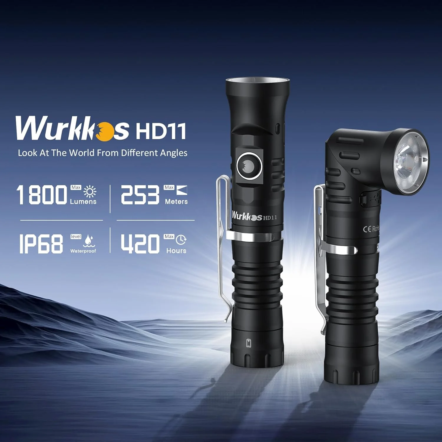 Imagem -02 - Wurkkos Lâmpada Recarregável Lanterna Led Cabeça de Luz Branca e Vermelha 90 ° Rotativo 18650 Ipx8 Impermeável Camping Pesca 1800lm Edc Hd11