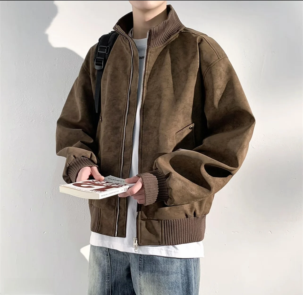 Thickened Fleece Lined Retro American Motorcycle Jacket for Men Winter Outerwear Windproof Waterproof Warm Casual Long Sleeve