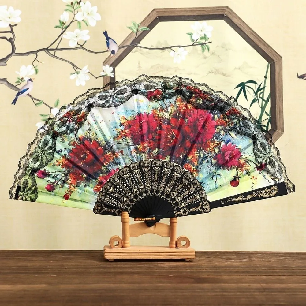 Elegant Plastic Ribs Spanish Folding Fan Lace Trim Edge Black Dance Prop Fan Floral Printed Cloth Floral Fabric Fan Gift