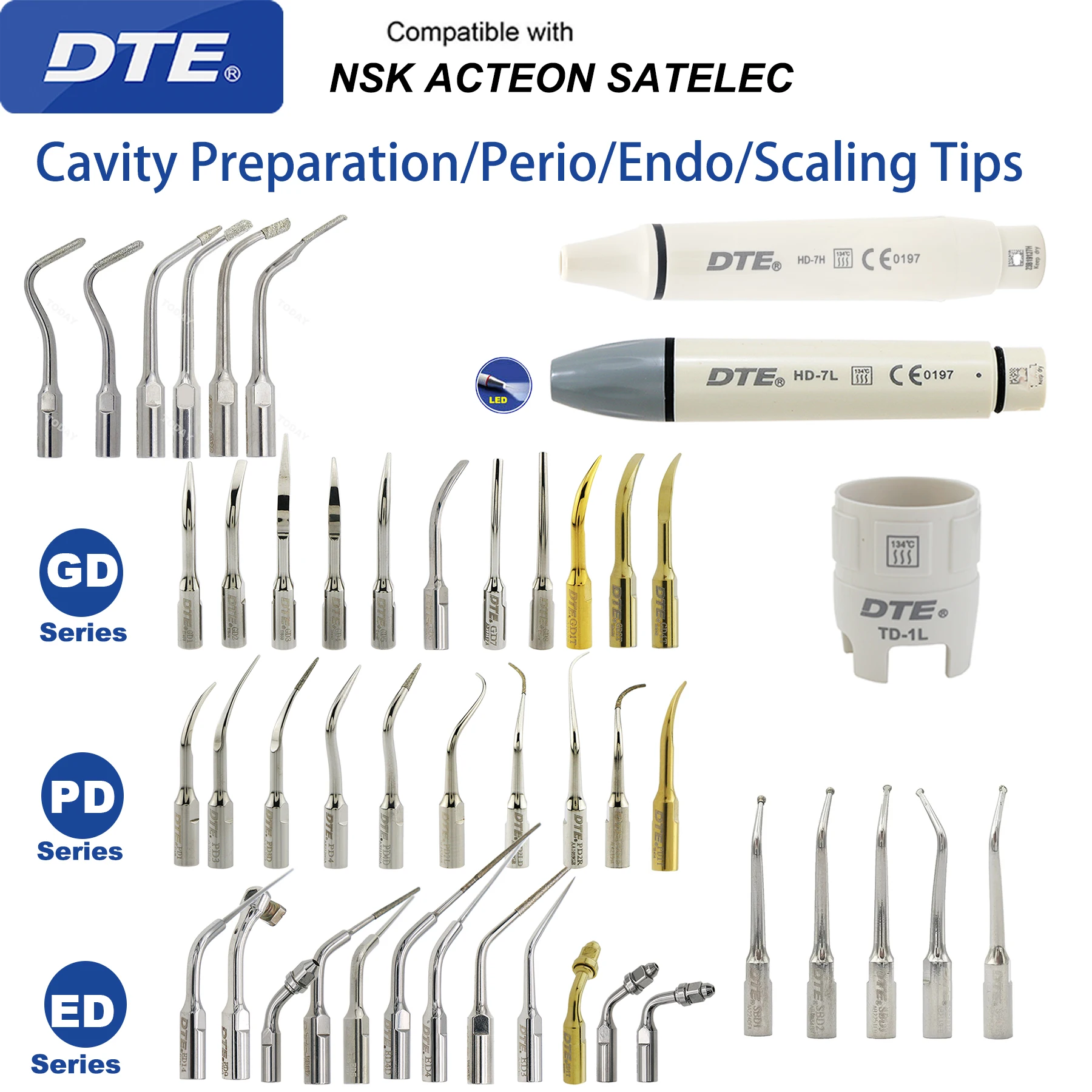 Woodpecker DTE Dental Ultrasonic Scaler Tips Cavity Preparation/Endo/Perio/Scaling Tip HD-7L/HD-7H Fit SATELEC ACTEON NSK Scaler