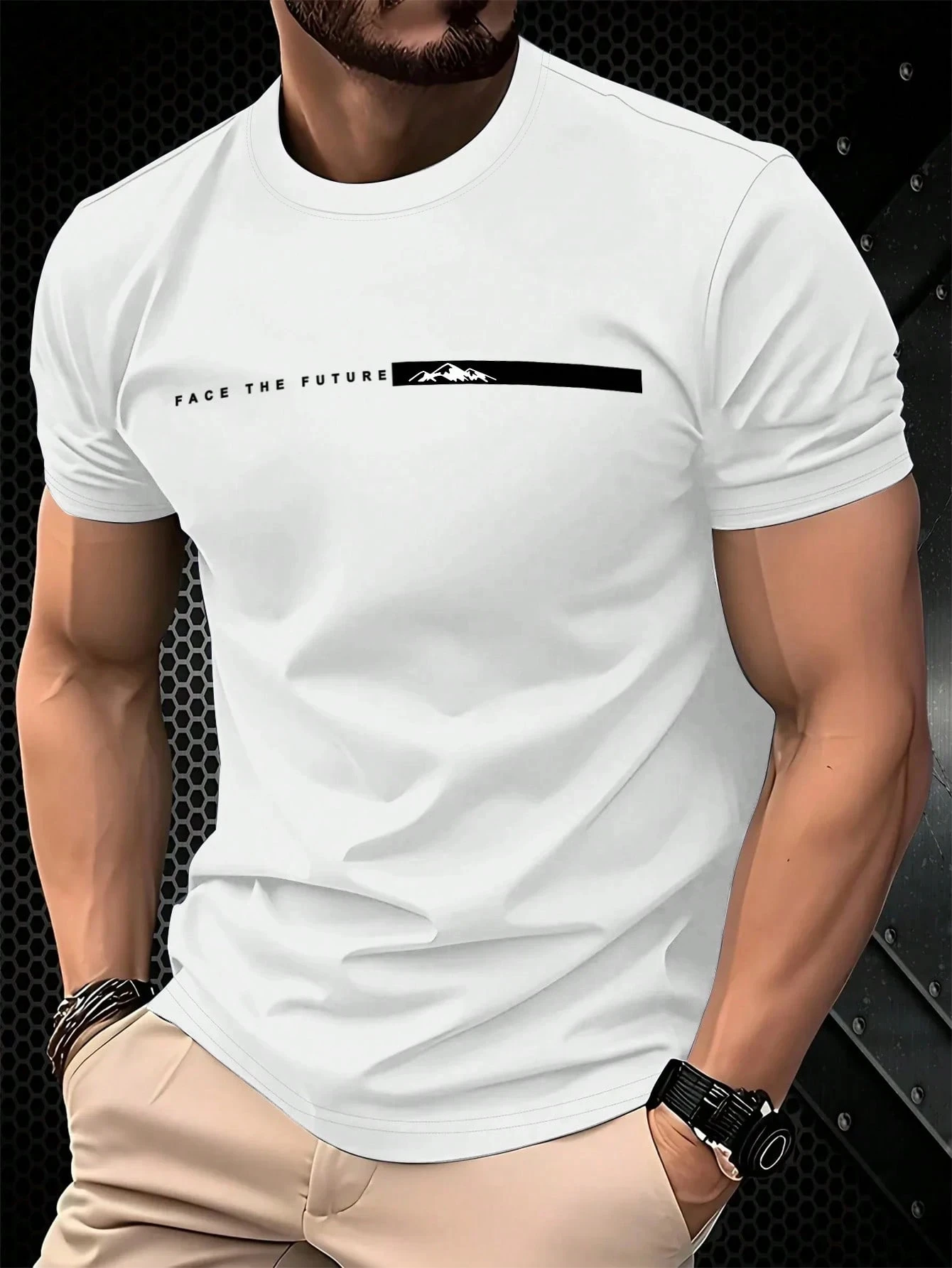 Men's Summer 100% Cotton Casual Fashion FACE THE FUTURE Letter and Mountain Printed Short Sleeve T-shirt