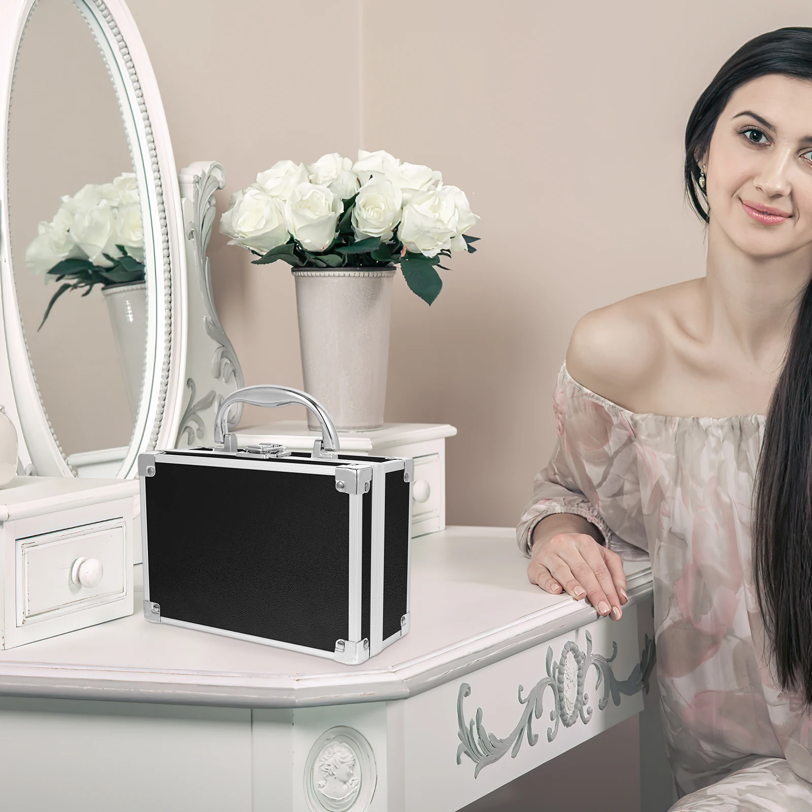 

Aluminum Alloy Case Pink Small Handheld Tool Box Organizer Storage For Women Travel Makeup Brush Box Container