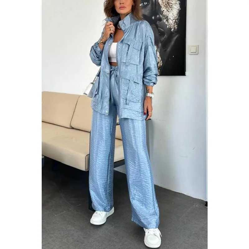 Completo Donna Primavera Autunno Due Pezzi Giacca a Maniche Lunghe Pantaloni a Gamba Dritta Tinta Unita alla Moda con Tasche Casual con Zip e Bottoni