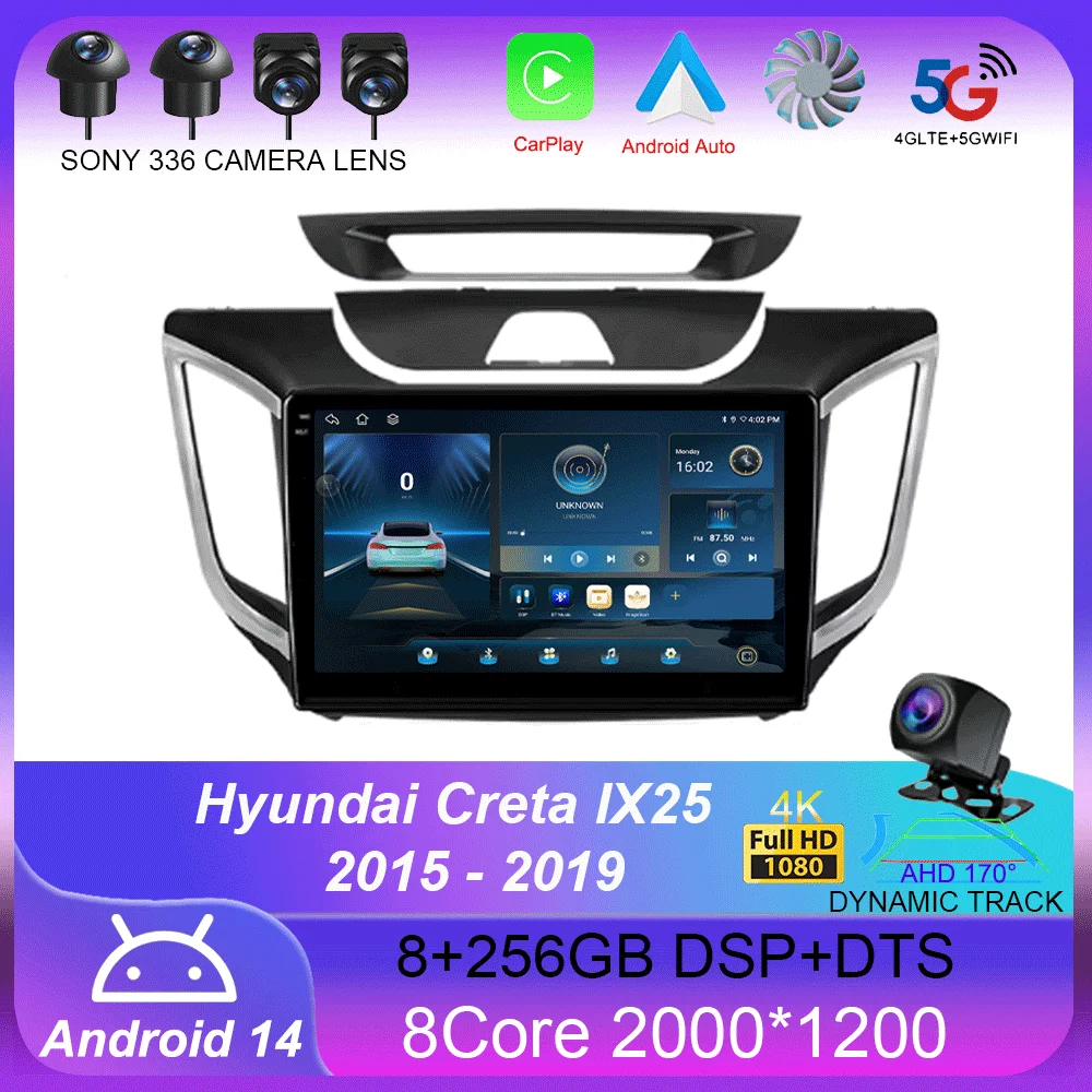 For Hyundai Creta IX25 2015 - 2019 Android 14 Car Radio Navigation GPS Multimedia Player Stereo WiFi+4G Carplay  Auto BT DSP