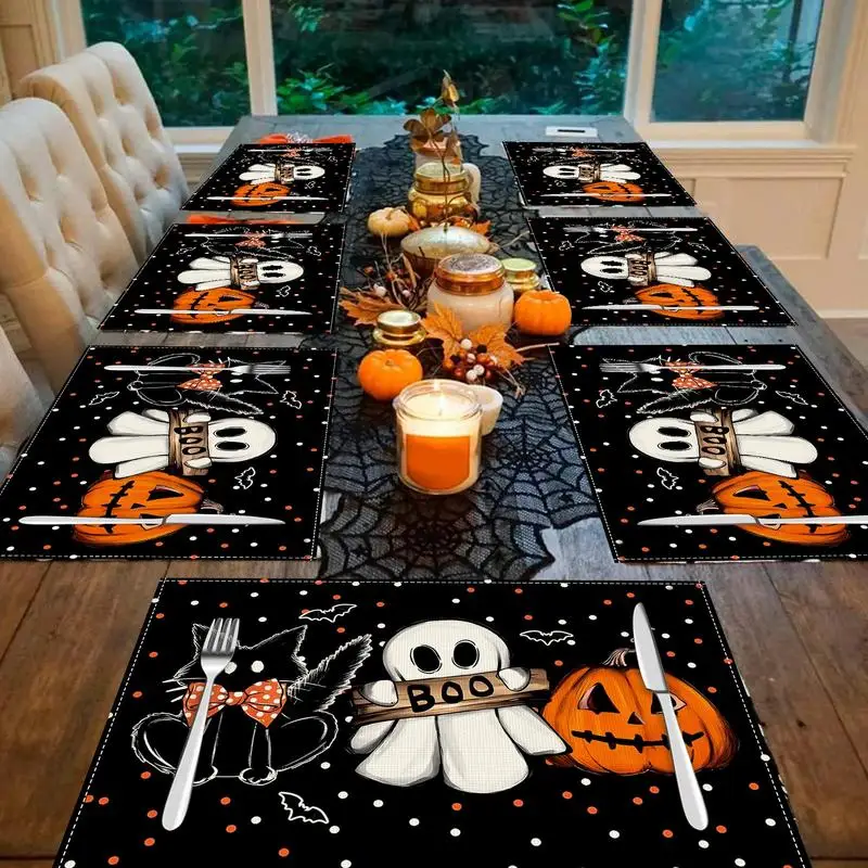 Pumpkin Ghost Placemats Seasonal Table Mats Skull Ghost Pumpkin Dining Table Decor 4pcs Table Mats Table Place Mats Washable