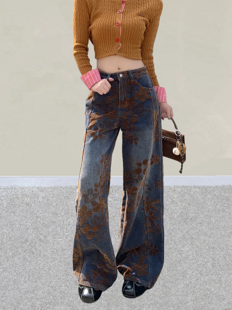 2025 American Retro Y2K Streetwear Fiori Ricamo Baggy Pantaloni jeans da donna Abbigliamento donna Pantaloni in denim gotico a gamba larga