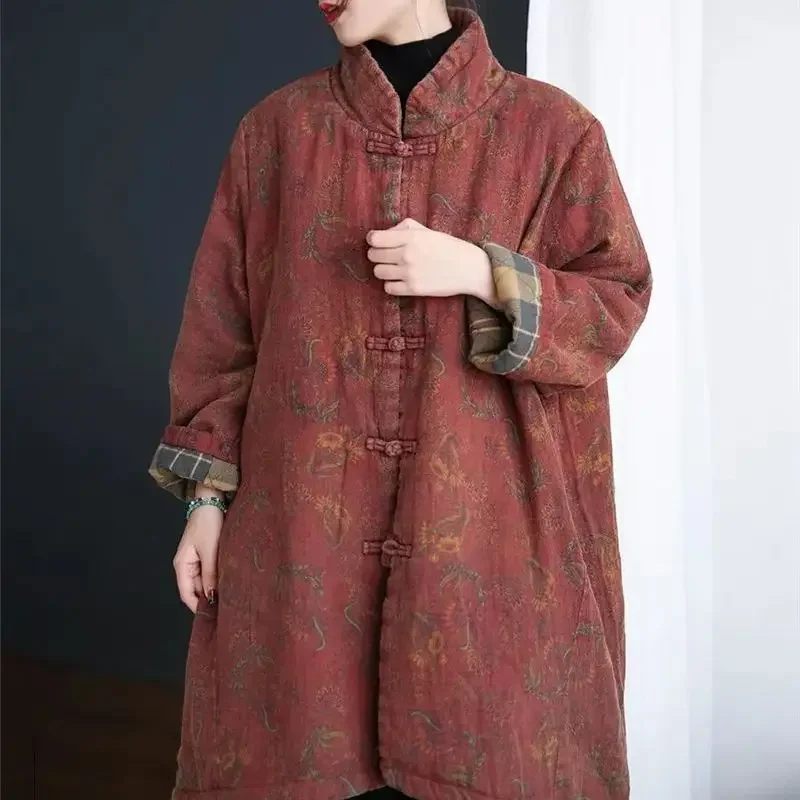 Retro Printed Womens Clothing Winter New Chinese Style Buckle Long Cotton Jacket Women Thicken Warm Linen Loose Coat